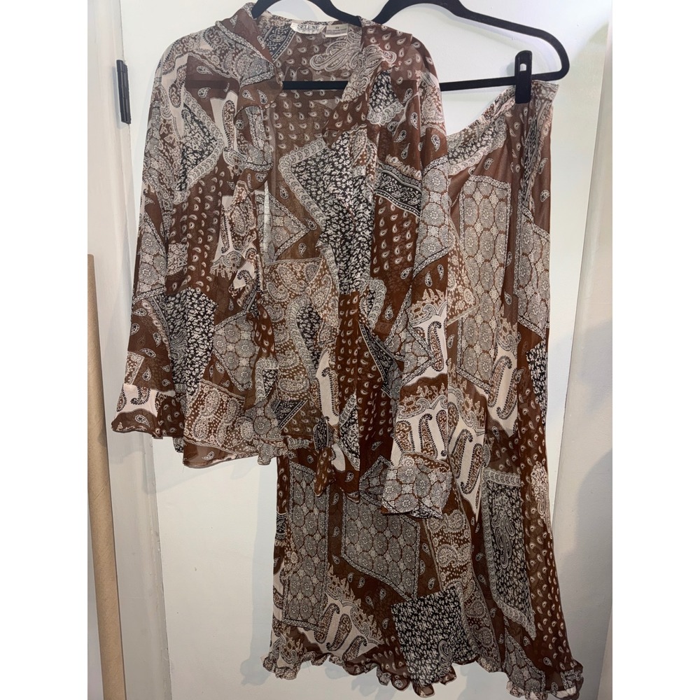 Selene Sport Brown Paisley Patchwork 2 Piece Skirt Set Plus Size 2X Boho Sheer